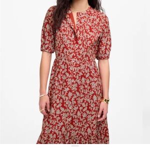 Madewell Red Floral Midi Dress with White Print pintuck puff sleeve